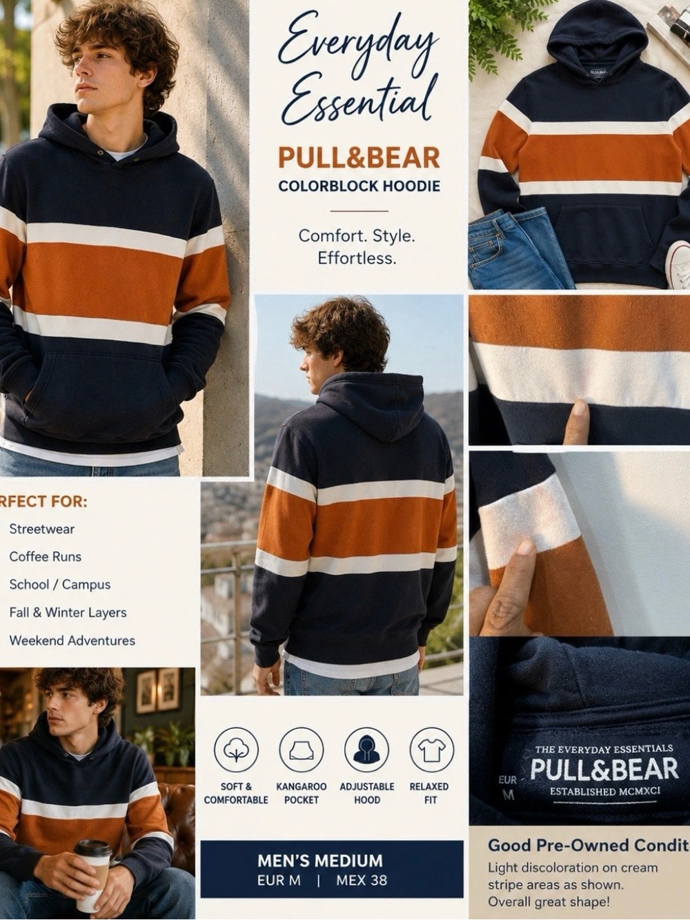 Pull Bear Hoodie Medium Blue Orange Colorblock Kangaroo Y2K Hoodie Streetwear